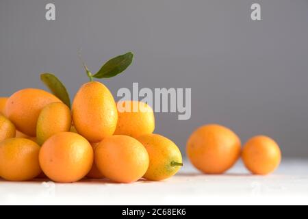 Kumquat freschi, piccoli agrumi esotici, su una superficie bianca testurizzata, fondo grigio Foto Stock