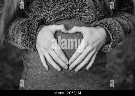 uomo che tiene il ventre della moglie incinta che fa un cuore. Donna incinta e marito amorevole abbracciano il ventre a casa. Cuore dalle mani di un multi Foto Stock