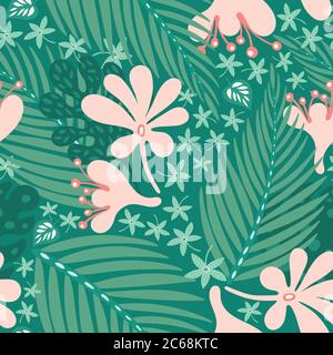 Disegno di modello di foglia tropicale. Vettore ripetizione senza giunture di palme e fiori estivi in verde e rosa. Illustrazione Vettoriale