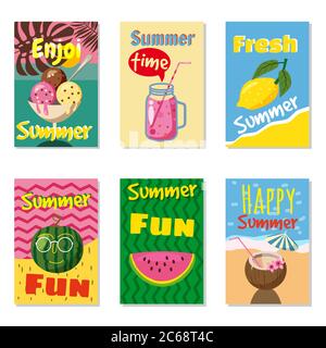 Insieme vettoriale di carte estive luminose. Bellissimi poster estivi con ananas, anguria, limone, foglie di palma e testo scritto a mano. Schede di giornale Illustrazione Vettoriale