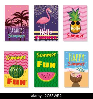 Insieme vettoriale di carte estive luminose. Bellissimi poster estivi con ananas, anguria, limone, foglie di palma e testo scritto a mano. Schede di giornale Illustrazione Vettoriale