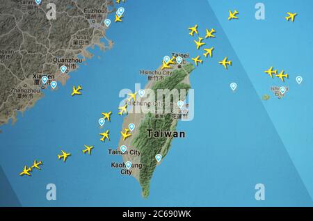 Traffico aereo su Taiwan (07 luglio 2020, UTC 20.37) sul sito Internet di Flightradar 24 di Svenska Resenätverket AB Foto Stock