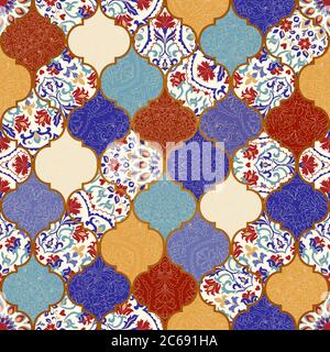 Azulejos piastrelle patchwork. Motivo astratto senza giunture disegnato a mano. Motivi islamici, arabi, indiani, ottomani. Piastrelle in ceramica maiolica, blu, giallo azulejo. Illustrazione Vettoriale