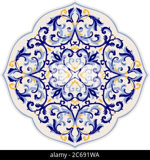 Floreale a mano disegnata Mandala. Motivo turco. Ornamento floreale rotondo e colorato con tradizionale motivo orientale. Elemento decorativo isolato. Illustrazione Vettoriale