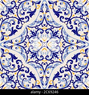 Motivo colorato senza cuciture con motivo turco. Disegno a mano astratto senza giunture da mandala floreale. Piastrelle in ceramica maiolica, blu, giallo azulejo. Illustrazione Vettoriale