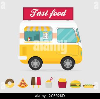 Illustrazione vettoriale di camion di cibo di strada, caravan di cibo. Consegna in pulmino Burger. Icona piatta Illustrazione Vettoriale