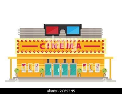 Edificio cinematografico in stile piatto. Cinema. Illustrazione Vettoriale