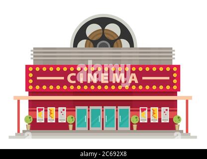 Edificio cinematografico in stile piatto. Cinema. Illustrazione Vettoriale