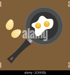 Uova fritte in una padella. Icona di piatto di uova fritte. Illustrazione Vettoriale