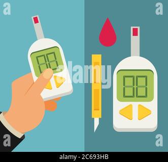 Test glicemia. Set di icone diabete piatto. Misuratore di glucosio con supporto manuale Illustrazione Vettoriale