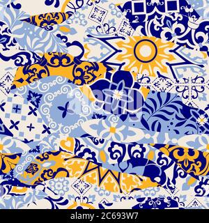 Azulejos piastrelle patchwork. Patchwork colorato e senza interruzioni. Piastrelle in ceramica maiolica, blu, giallo azulejo. Decorazioni originali tradizionali portoghesi e spagnole Illustrazione Vettoriale