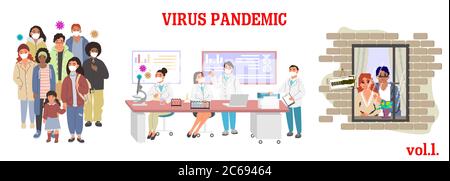 Illustrazione del vettore epidemico di virus. Prevenzione delle malattie respiratorie del coronavirus, consapevolezza. Gruppo di persone indossano maschera, scienziati microbiologici in laboratorio Illustrazione Vettoriale