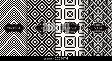 Set di motivi art deco senza cuciture. Illustrazione vettoriale vintage design. Raccolta di motivi geometrici astratti senza giunture. Sfondi in bianco e nero Illustrazione Vettoriale