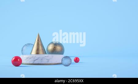 Podio cilindrico in marmo bianco per la presentazione del prodotto su sfondo blu in 3d rendering Foto Stock