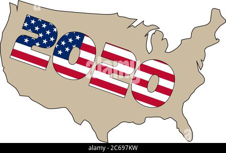 Mappa degli Stati Uniti in bandiera americana. Bandiera delle elezioni presidenziali del 2020. Illustrazione vettoriale piatta. Illustrazione Vettoriale