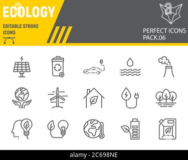 Set di icone della linea di ecologia, raccolta di simboli ecologici, schizzi vettoriali, illustrazioni di logo, icone ambientali, pittogrammi lineari dei segni ecologici verdi, modificabili Illustrazione Vettoriale