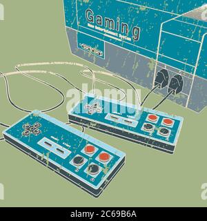 Illustrazione vettoriale di una console di gioco retrò e joystick closeup Illustrazione Vettoriale