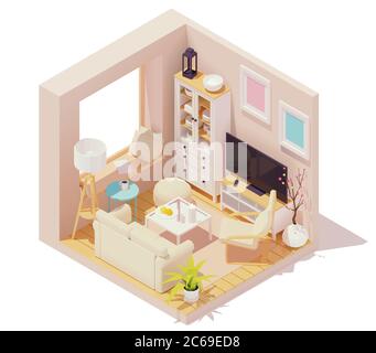 Vector isometric interno del soggiorno Illustrazione Vettoriale