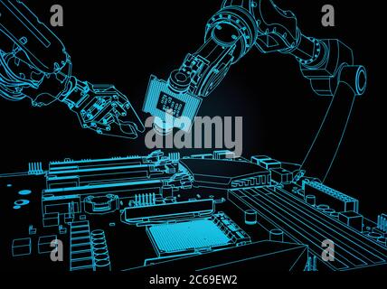 Illustrazione vettoriale stilizzata sul tema dei sistemi robotici di assemblaggio automatico. I robot industriali assemblano un computer Illustrazione Vettoriale