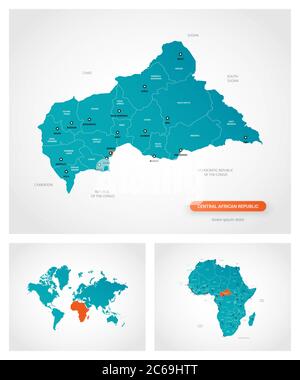 Modello modificabile di mappa della Repubblica Centrafricana con contrassegni. Repubblica Centrafricana sulla mappa mondiale e sulla mappa dell'Africa. Illustrazione Vettoriale