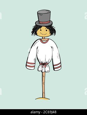 Un affascinante Scarecrow con un cappello su un bastone. Attrezzi di potere per il giardinaggio e le case di campagna. Doodles disegnati a mano. Illustrazione Vettoriale