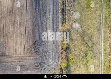 Paesaggio asciutto dell'autunno, vista aerea del campo e della foresta, paesaggio artistico. Vista aerea dall'alto del campo in autunno. Texture campo in autunno Foto Stock