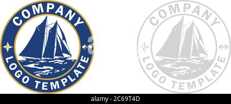 Logo modello con vecchia nave a vela sul mare in un cerchio Illustrazione Vettoriale