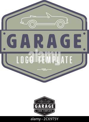 Logo del garage con auto convertibile vintage, icona Illustrazione Vettoriale