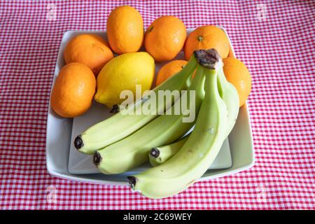 Satsuma fresca, limone e un mazzo di piccole banane verdi in una ciotola bianca su un tovaglia di gingham rosso Foto Stock