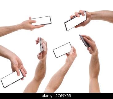 Set di mani per sollevare un telefono cellulare in vari modi bianco isolato sfondo Foto Stock