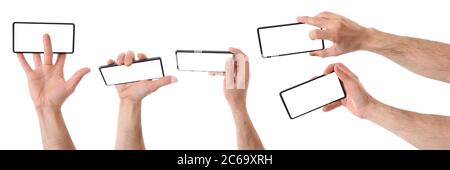 Set di varie viste delle mani caucasiche uomo con telefono cellulare scuro raccolto orizzontalmente e schermo bianco Foto Stock