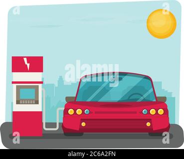 Immagine vettoriale piatta della ricarica di auto elettriche sulla stazione di ricarica. Illustrazione Vettoriale
