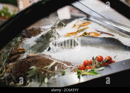 Frigorifero trasparente, con diversi pesci di mare su ghiaccio sotto il bicchiere del ristorante. Foto Stock