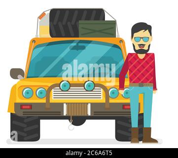 Vista frontale dell'auto. Veicolo fuoristrada con conducente isolato su sfondo bianco. Illustrazione Vettoriale