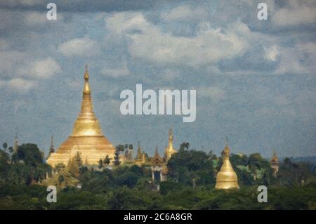 La storica pagoda dorata Shwedagon e gli stupa sopra il treline in Yangon, Myanmar, formalmente Rangoon, Birmania, effetto digitale pittura di Impasto. Foto Stock