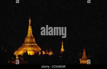 La storica pagoda e stupa Shwedagon dorate di notte a Yangon, Myanmar, formalmente Rangoon, Birmania, effetto digitale Impasto pittura. Foto Stock