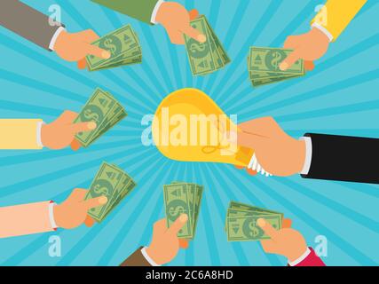 Crowdfunding, investire in idee, finanziare il progetto aumentando i contributi monetari, venture capital flat design colorato vettore illustrazione concep Illustrazione Vettoriale