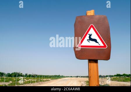 Segnale stradale di attraversamento di animali selvatici. Orice selvatico, antilope, gazelle segnale stradale accanto a vuota strada del deserto con spazio di copia. Foto Stock