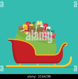 La confezione completa di regali da Babbo Natale è nella slitta. Illustrazione Vettoriale