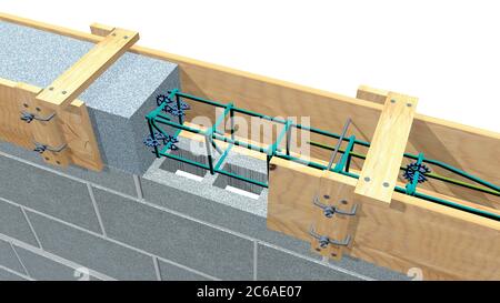 Particolare degli elementi di una trave in calcestruzzo all'interno della cassaforma in legno su una parete di blocchi. Illustrazione 3D Foto Stock