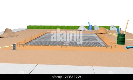 Vista della struttura metallica che costituisce le fondamenta di una casa in costruzione su un terreno pianeggiante. Illustrazione 3D Foto Stock