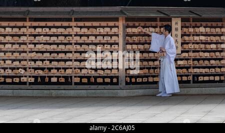 Sacerdoti del tempio in abiti tradizionali al santuario Meiji Jingu Shinto, Tokyo, Giappone Foto Stock