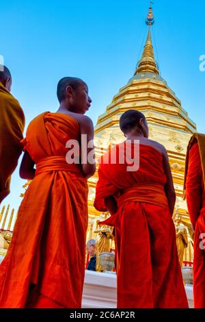 I monaci in Wat Phra That Doi Suthep, Chiang Mai, Thailandia Foto Stock