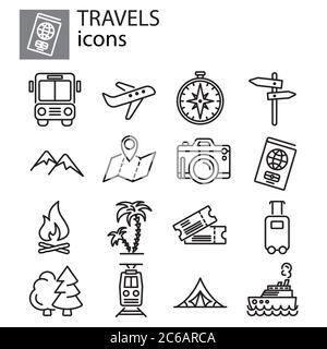 Icona di viaggio, vacanza e campeggio Imposta linea sottile, lineare, simbolo, simbolo, logo nero su sfondo bianco Illustrazione Vettoriale