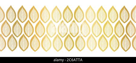Golden Metallic Leaves bordo vettoriale orizzontale senza giunture. Elegante motivo in lamina d'oro. Da utilizzare per eleganti decorazioni di biglietti, nastri, biglietti d'auguri autunnali Illustrazione Vettoriale