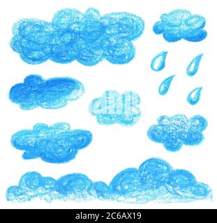 Illustrazione di colore pastello a olio disegnata a mano con nuvola blu. I bambini disegnano la nuvola del cielo con la caduta della pioggia. Set di icone a bolle testurizzate. Nuvola blu da pastello o penc colore Foto Stock