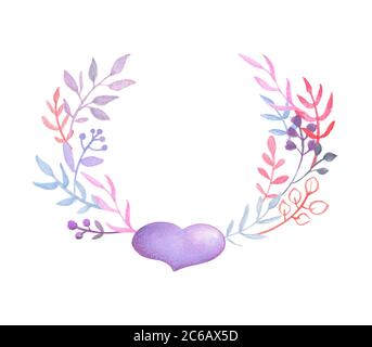 Romantica corona floreale con cuore su sfondo bianco. Corona blu rosa per il disegno di carte di San Valentino. Wreath acquerello per l'invito di nozze. Foto Stock