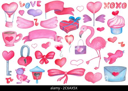 Cuore e ali color acqua rosa blu su sfondo bianco. Set di clipart disegnate a mano il giorno di San Valentino con romantica mongolfiera, dolce lecca e cupcake Foto Stock