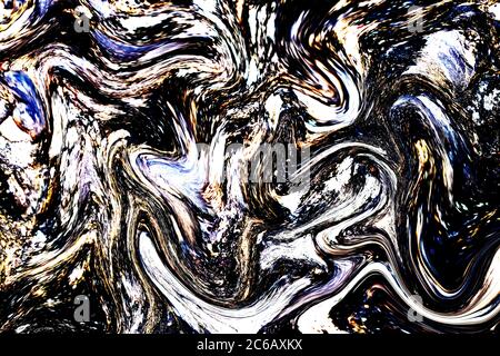 Contrasto sfondo vernice liquida. Illustrazione digitale astratta colorata. Carta spremagashi frizzante. Modello banner di marbling dettagliato. Vernice grugnosa Foto Stock