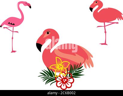 Flamingo e fiori tropicali adatti per poster estivo, carte e t-shirt design. VETTORE Illustrazione Vettoriale